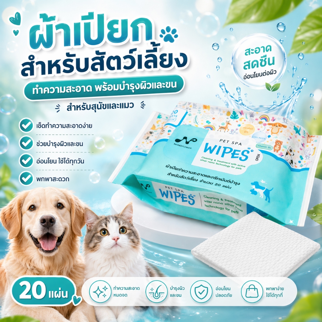นาโนพาวเวอร์ ทิชชู่เปียกซิลเวอร์นาโน ทำความสะอาดและทรีทเม้นต์บำรุงสำหรับสัตว์เลี้ยง (20 แผ่น)