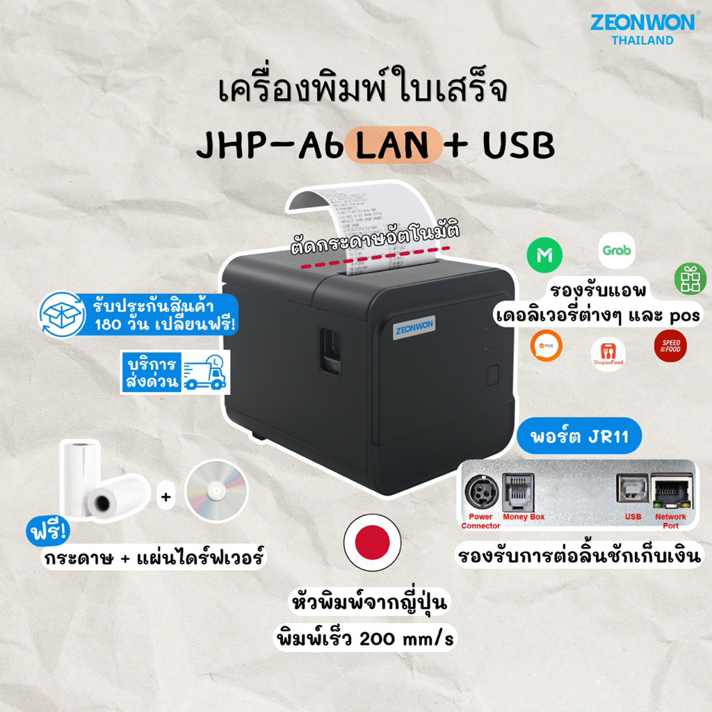 เครื่องพิมพ์ความร้อน เครื่องพิมพ์ใบเสร็จ 80mm ZEONWON JHP-A6 POS USB+LAN printer Loyverse Ocha Wongn