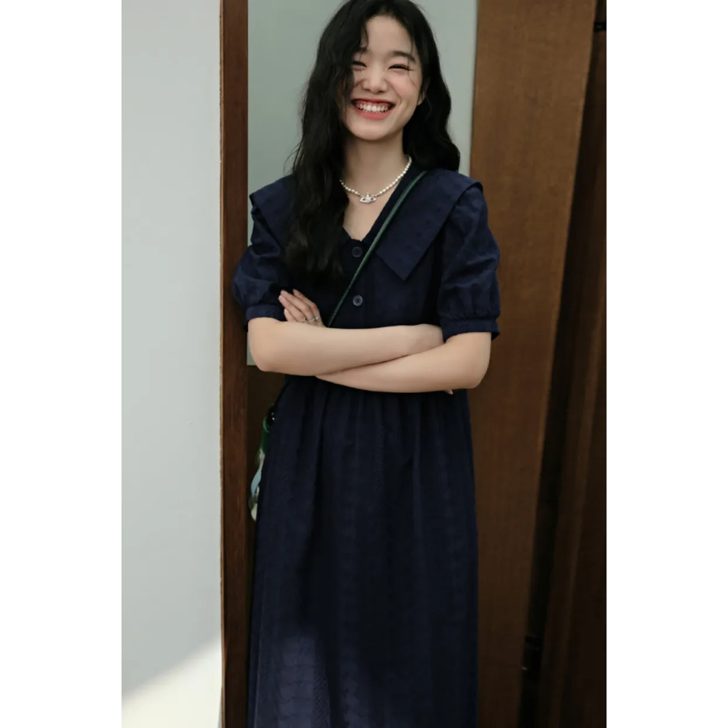 [พรีออเดอร์] ❤KUOSE : Dark Blue Puff Sleeve Dress❤