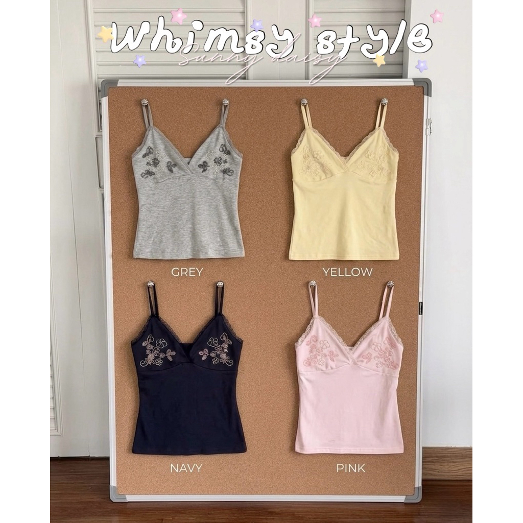 (พร้อมส่ง🇹🇭) Sunny Daisy 🩶🪻 เสื้อสายเดี่ยวปักลายดอกไม้ สไตล์เกาหลี แต่งขอบลูกไม้ ผ้านิ่ม เที่ยวทะเล คาเฟ่