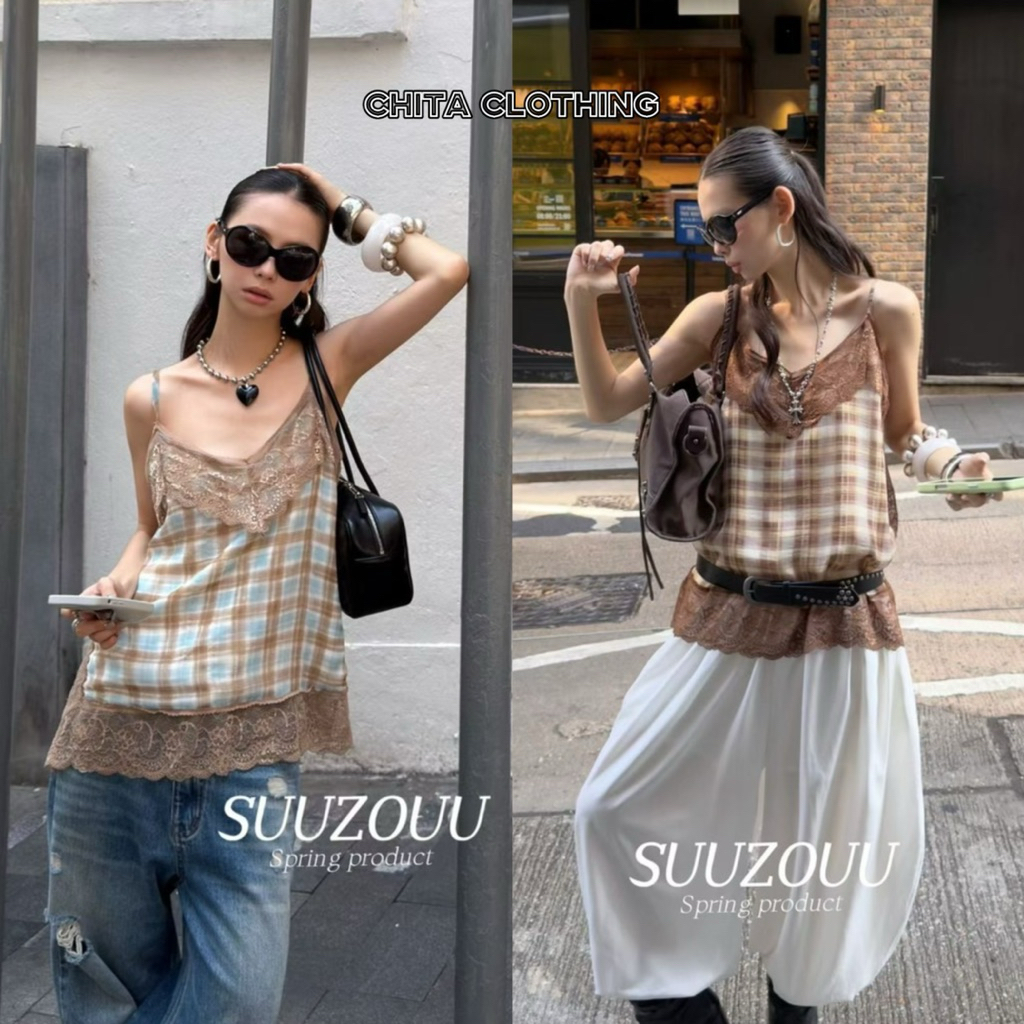 📍พร้อมส่ง📍#SU201 🇰🇷เสื้อสายเดี่ยว ลายสก็อต แต่งผ้าลูกไม้ โทนสีสวย ผ้าดีใส่สบาย Tag MMfish🇰🇷