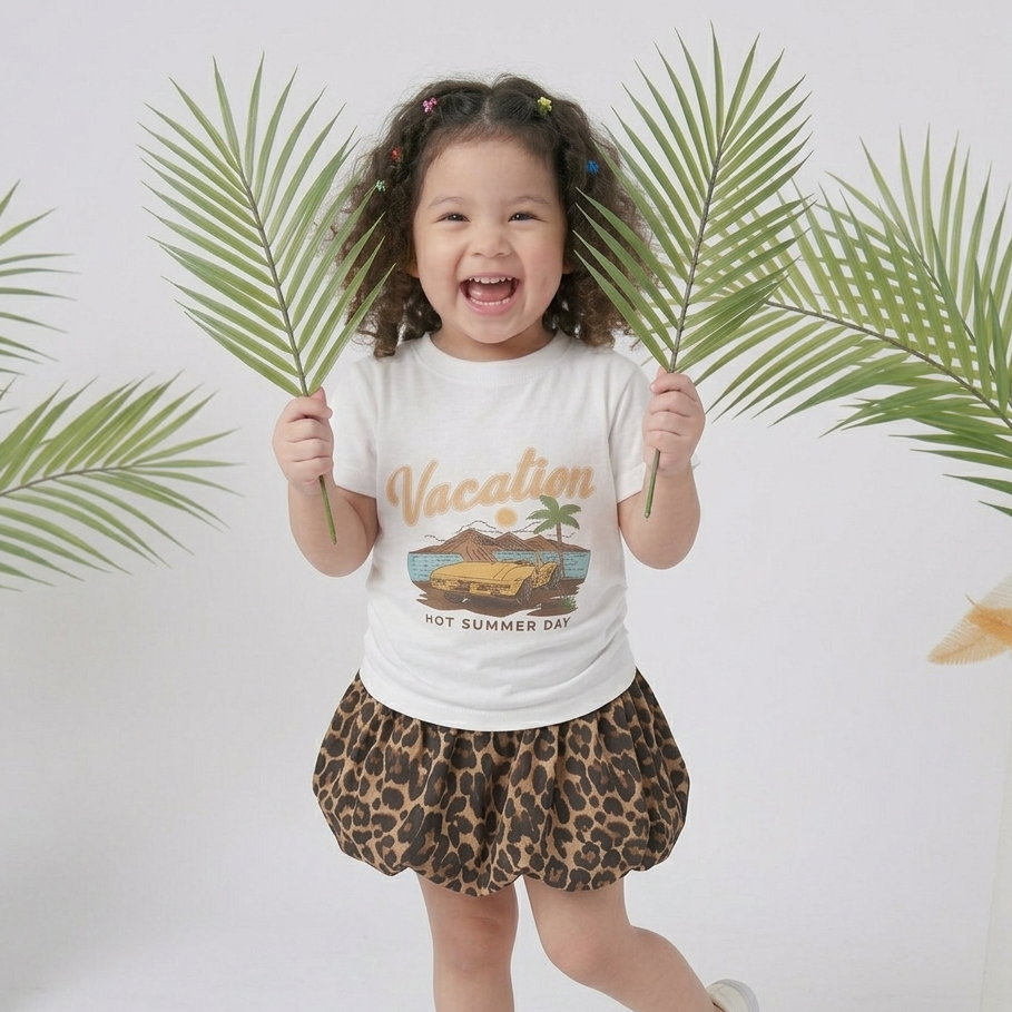 กางเกงบอลลูนลายเสือ+เสื้อวินเทจ ของเด็กผู้หญิง