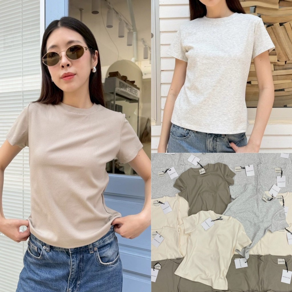 🍊 VL 5285 เสื้อยืดแขนสั้น คอกลม แต่งแถบ ผ้าดีใส่สบาย