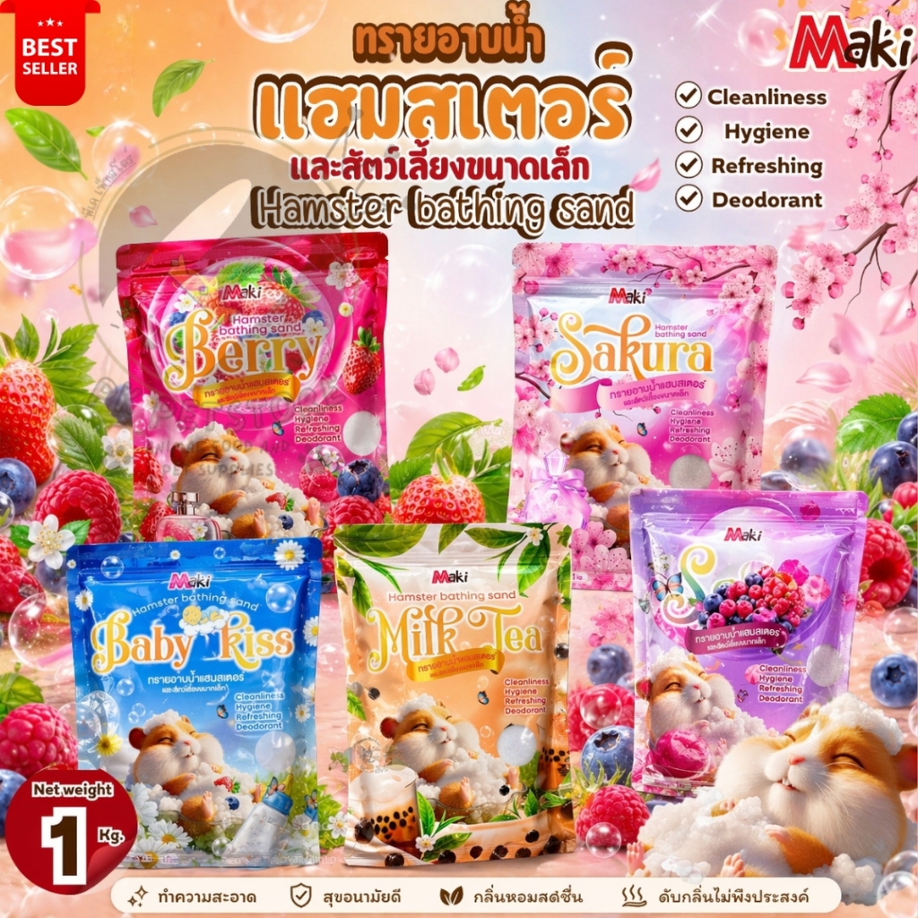 Maki ทรายอาบน้ำ หนูแฮมสเตอร์  และสัตว์เลี้ยงขนาดเล็ก Hamster bathing sand (ขนาด1กิโลกรัม) มี4กลิ่น ให้เลือก
