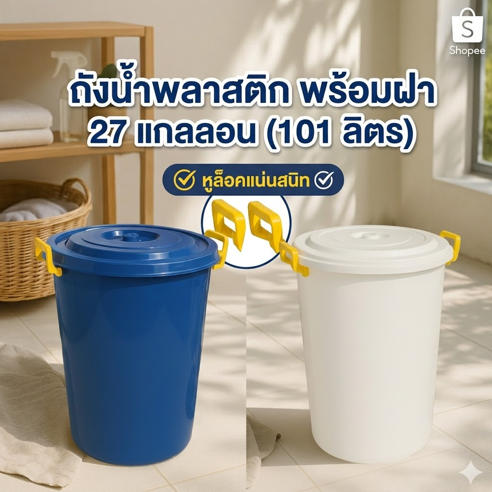 WR ถังน้ำพลาสติก ถังน้ำ ความจุ 100 ลิตร [ 27 แกลลอน ] พร้อมฝา สีน้ำเงิน / สีขาว