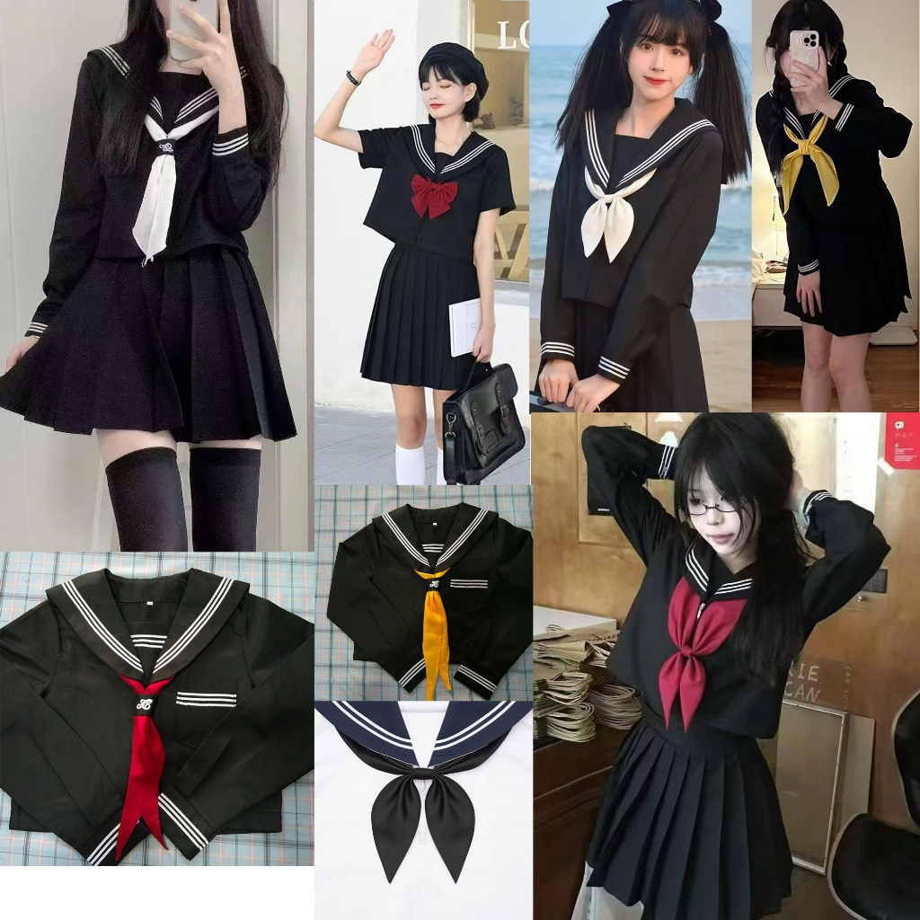 กระโปรงสั้น，กระโปรงญี่ปุ่น，🎀สีดำชุดกะลาสีญี่ปุ่นหญิง🎀 JK เสื้อแขนยาว / แขนสั้น + กระโปรงจีบสไตล์วิทยาลัยชุดนักเรียนเสื้อ