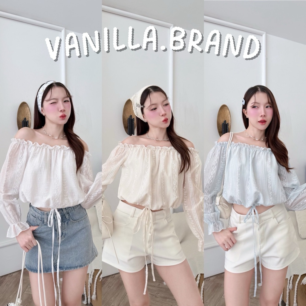 เสื้อแขนยาวปาดไหล่ แต่งลูกไม้ช่วงแขน สม็อครอบเอว -ttm / VB0588