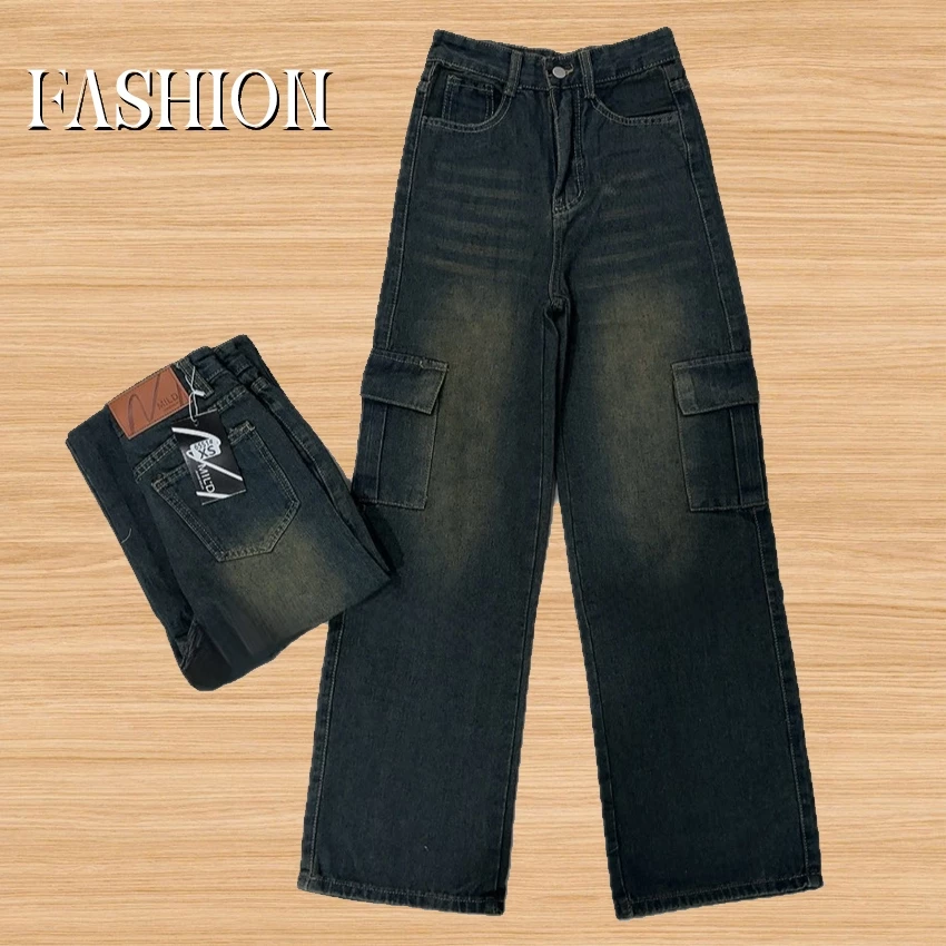 Fashion รุ่น #6551 กางเกงยีนส์ คาร์โก้ ทรงกระบอก สีสนิมเข้ม แต่งเฟดขา ทรงสวยผ้าไม่ยืด กระเป๋าตรง 2 ใบ