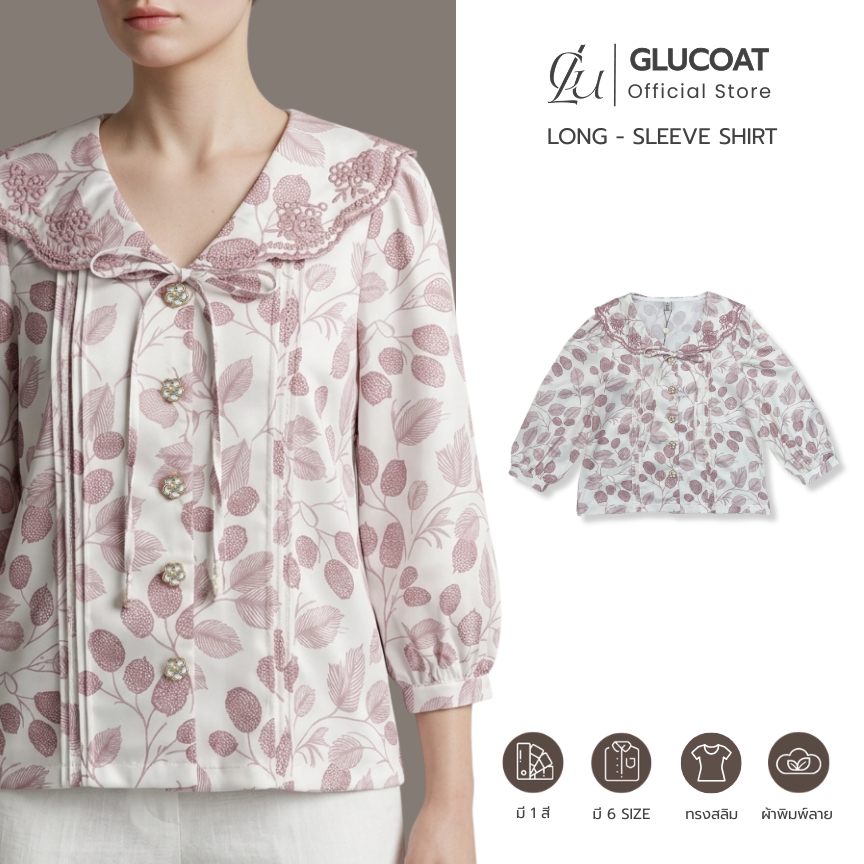 Glucoat | [A332] เสื้อพิมพ์ลายแขนศอก คอปกปักลายดอกพร้อมเชือกผูกโบว์ กระดุมหน้าใช้งานได้จริง