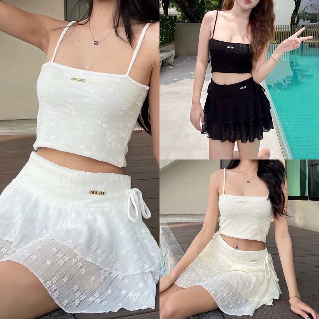 ชุดเซ็ตเสื้อครอป+กระโปรง:Lace set ผ้าลูกไม้เสื้อสายเดี่ยวกับกระโปรงแต่งชั้น