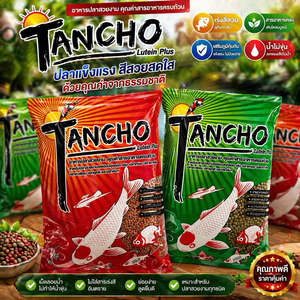 อาหารปลาสวยงามสูตรเร่งโต เร่งสี TANCHO โปรตีนสูง สารอาหารครบถ้วนเหมาะสำหรับปลาทุกชนิด มี3เม็ด เล็ก กลาง และใหญ่