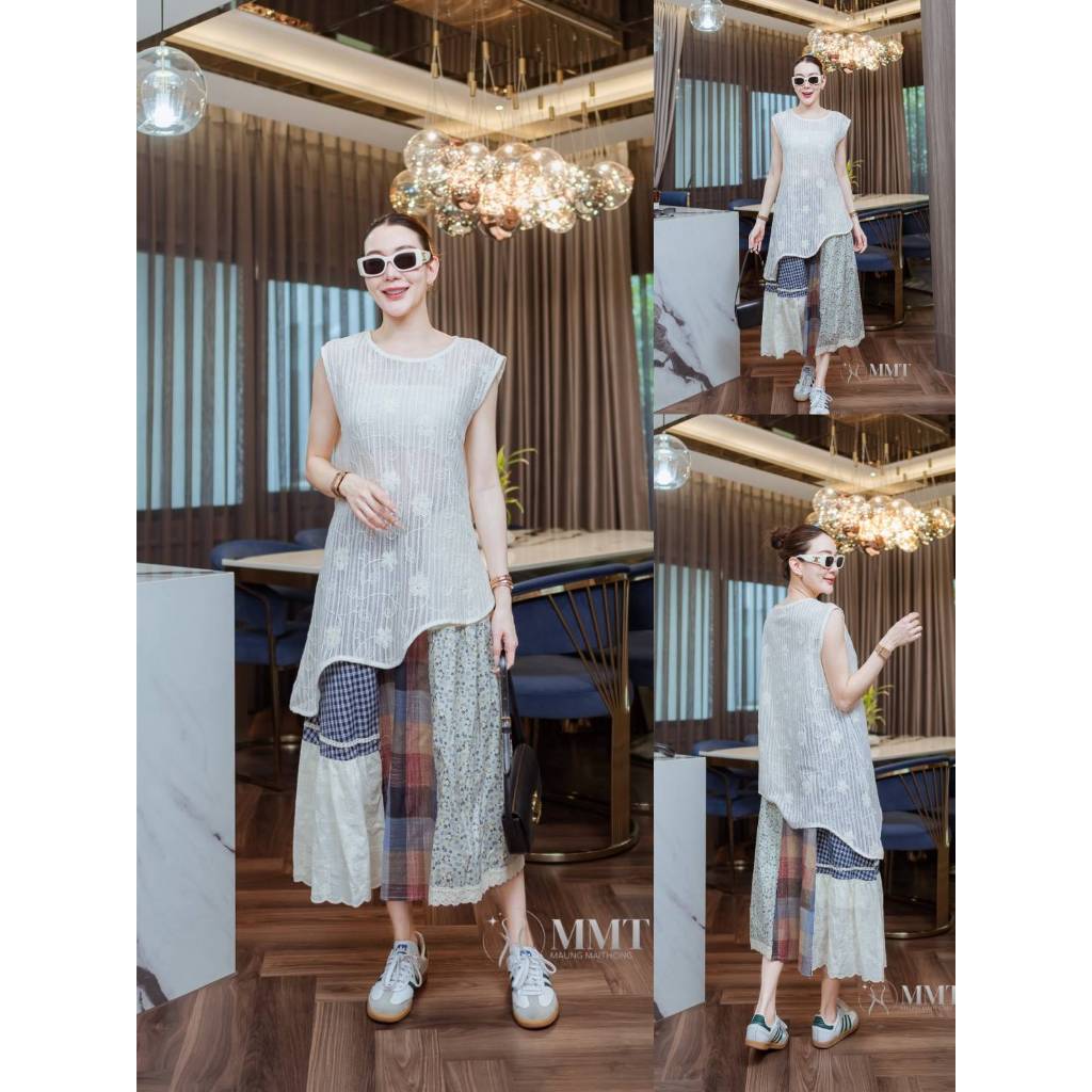 •MAUNG MAITHONG• MMT 75906 Set เซตถักทอลายดอกไม้ งานมาพร้อมกระโปรงพิมพ์ลายดอกไม้ แต่งสม๊อคอย่างดี
