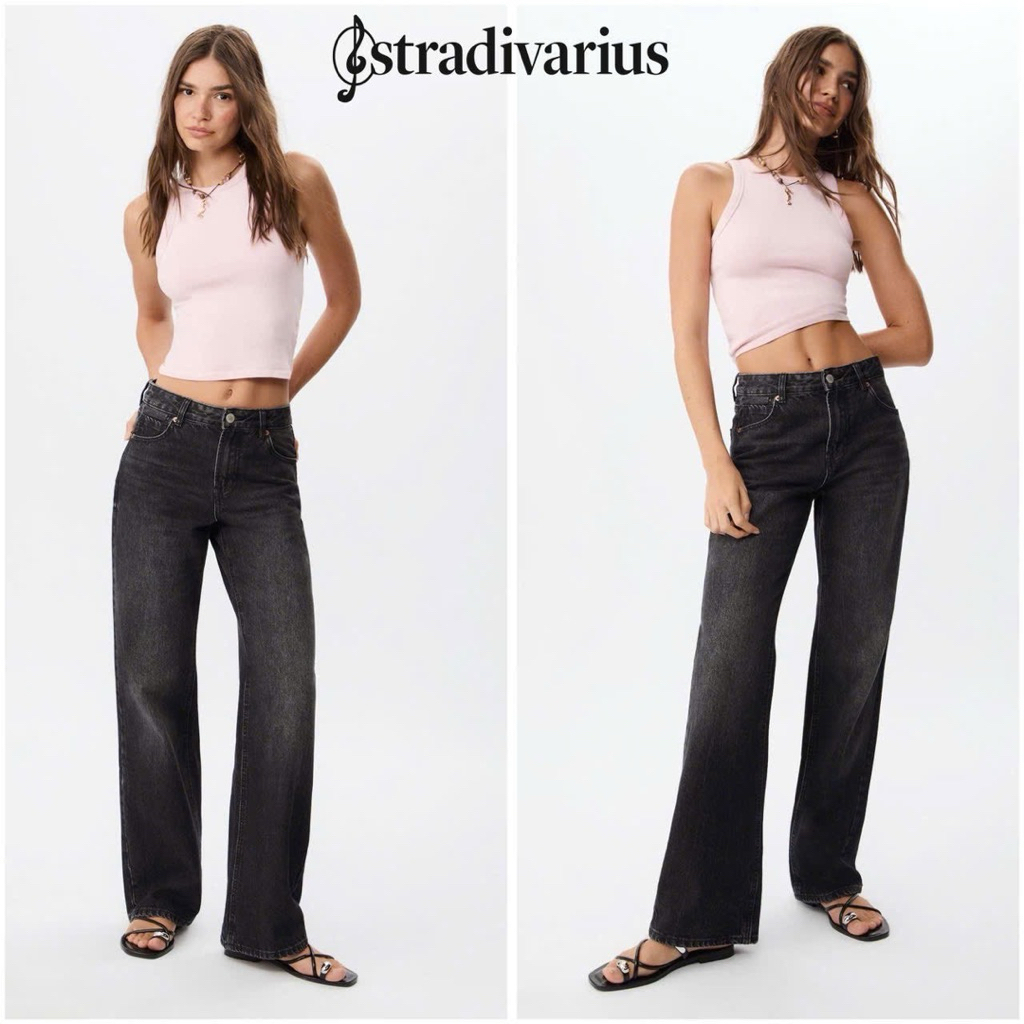 STR Wide leg jeans กางเกงยีนส์สีดำฟอก เอวสูง ทรงขากระบอก