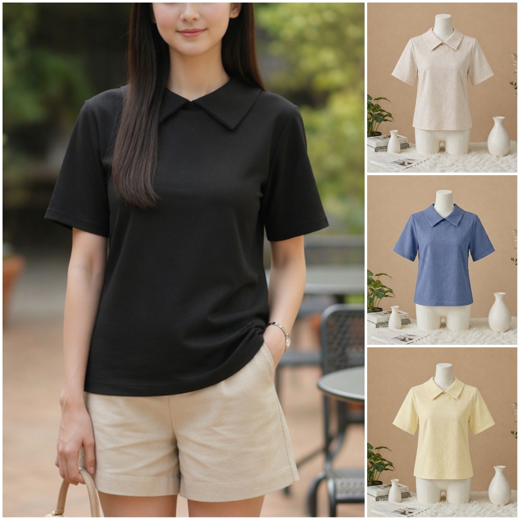 B17 เสื้อทํางานผู้หญิง แขนสั้น คอปก สไตล์มินิมอล ทรงน่ารักมาก ผ้าสวย มี Texture Easter Egg