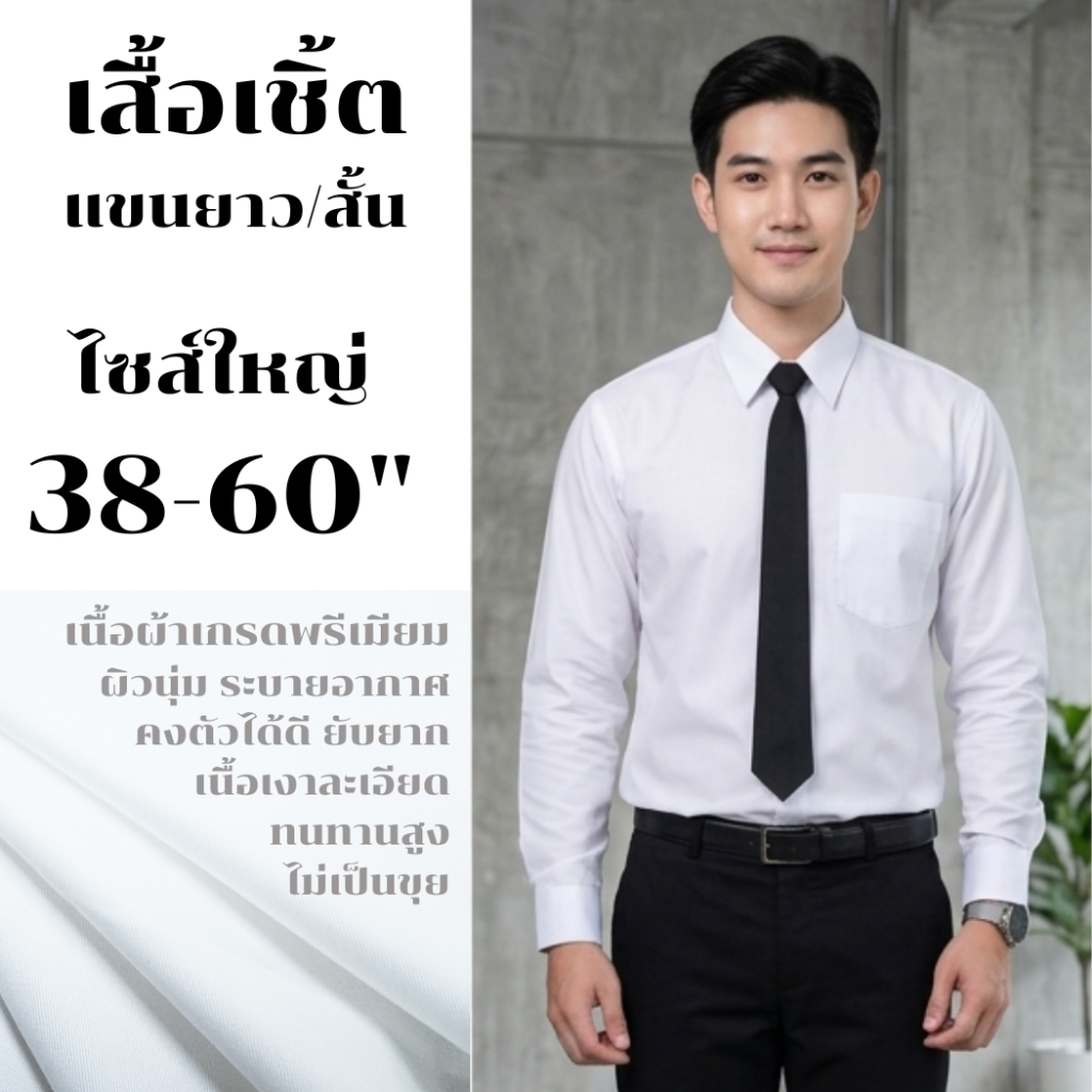 เสื้อนักศึกษาชาย/ เชิ้ตทำงาน เอวตรง ใส่สบาย ไม่รัดรูป 38-60" ผ้าคอมทวิว คอปก เชิ้ตแขนยาว แขนสั้น