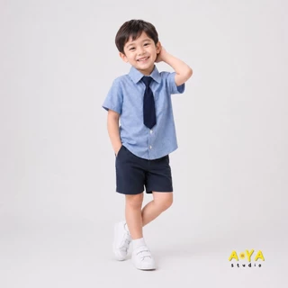 เสื้อเชิ้ตเด็กชายแขนสั้น ผ้าออกซ์ฟอร์ด พร้อมเนคไท/โบว์ ปรับขนาดได้ พร้อมส่งในไทย (แขนสั้น)