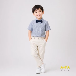 เสื้อเชิ้ตเด็กชายแขนสั้น ผ้าออกซ์ฟอร์ด พร้อมเนคไท/โบว์ ปรับขนาดได้ พร้อมส่งในไทย (แขนสั้น)