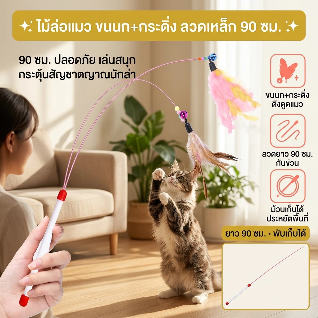 🔥เกรดดีที่สุด🐾ไม้ล้อเล่นแมว ของเล่นแมวมีขนนกและกระดิ่ง ฝึกความสนใจแมว เชือกลวดเหล็กยืดหยุ่น ไม่หักง่าย