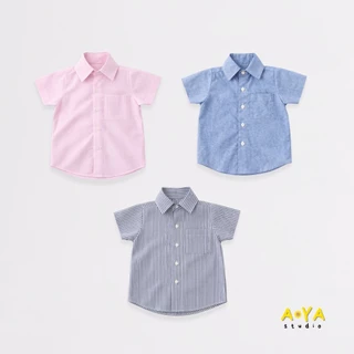 เสื้อเชิ้ตเด็กชายแขนสั้น ผ้าออกซ์ฟอร์ด พร้อมเนคไท/โบว์ ปรับขนาดได้ พร้อมส่งในไทย (แขนสั้น)