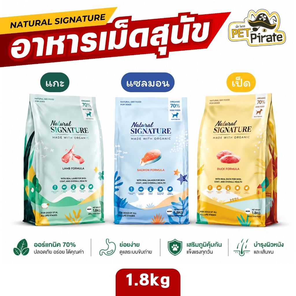 Natural Signature อาหารเม็ดสำหรับสุนัขโต สูตร Organic ดูแลผิวหนังเส้นขน มี 3 รส ขนาดบรรจุ 1.8 ก.ก.