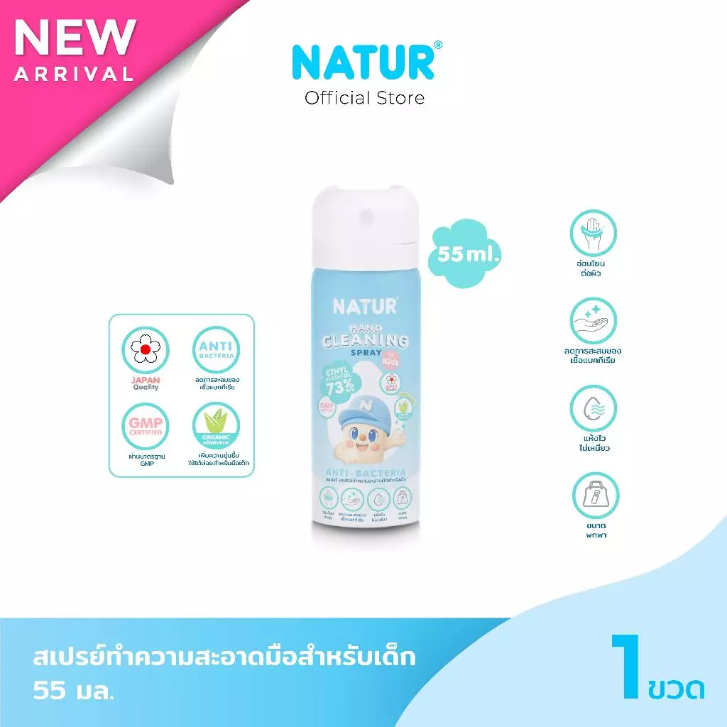 [NEW] NATUR เนเจอร์ สเปรย์ทำความสะอาดมือเด็ก สูตรอ่อนโยน 55/100 ml.