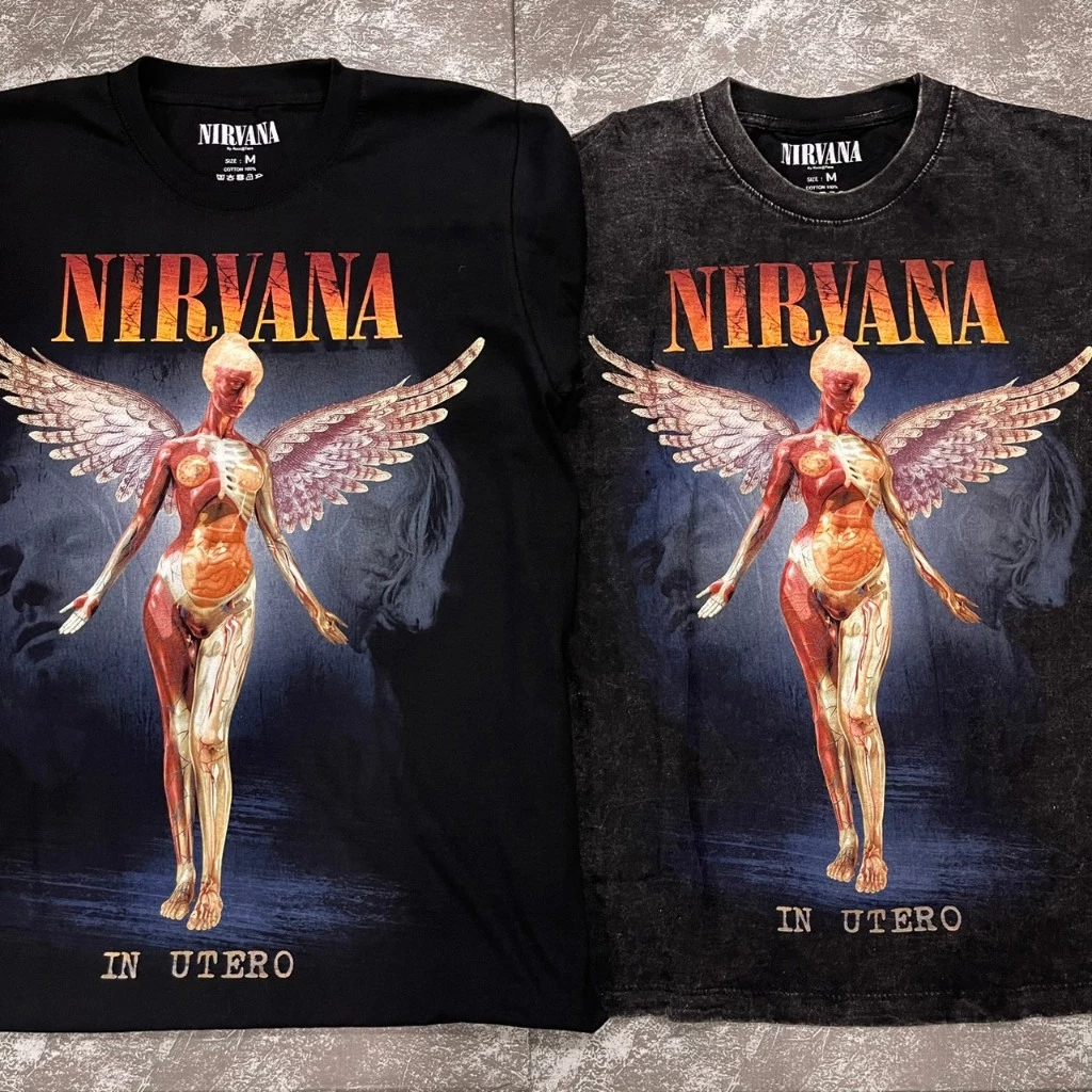 เสื้อยืดผ้าฟอก-ผ้าดำ Nirvanaนางฟ้า(Rockteeเรืองแสง) ผ้าCotton100