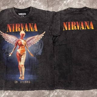 เสื้อยืดผ้าฟอก-ผ้าดำ Nirvanaนางฟ้า(Rockteeเรืองแสง) ผ้าCotton100