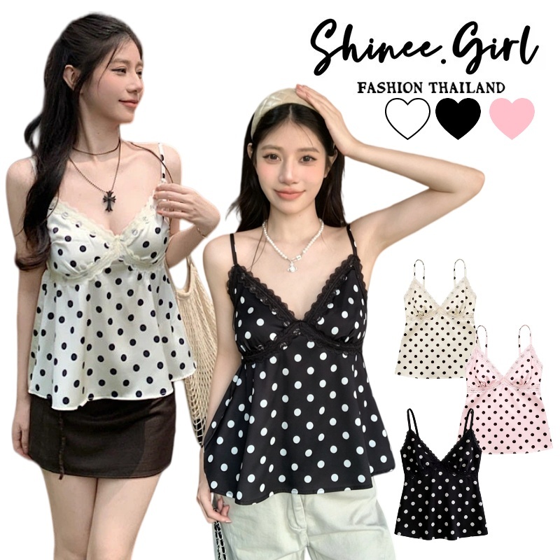 SHG พร้อมส่ง🌹เสื้อสายเดี่ยว ลายจุด คอวี แต่งลูกไม้ ทรงปล่อย สไตล์เกาหลี น่ารัก เซ็กซี่ เสื้อแฟชั่นผู้หญิง