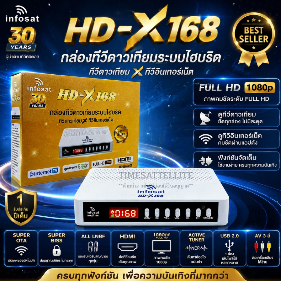 เครื่องรับสัญญาณทีวีดาวเทียม & อินเทอร์เน็ต infosat HD-Q168 2025 รองรับจาน C และ KU