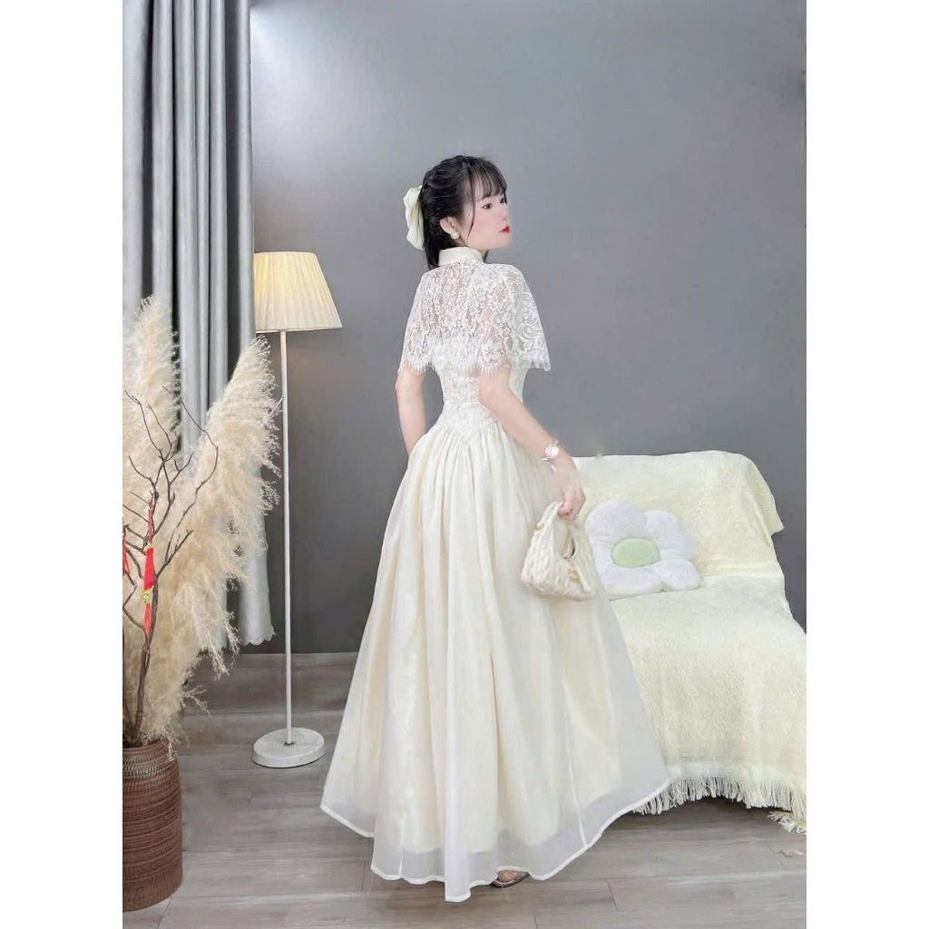 SN 6903 ชุดเซ็ท2ชิ้น ประกอบด้วยเสื้อคลุมไหล่คอปกและเดรสยาวสายเดี่ยว ผ้าลูกไม้+ชีฟอง ดีไซน์สุภาพ เรีย