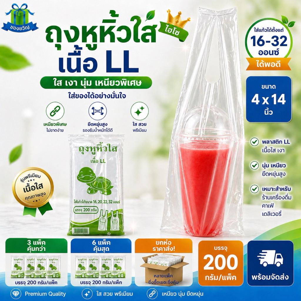 [ ส่งฟรี ] ถุงหูหิ้วใส ถุงหูหิ้วไฮโซ เนื้อ LL 16-32 ออนซ์ 200 กรัม เหนียว ทน ไม่ขาดง่าย ถุงพลาสติกใส