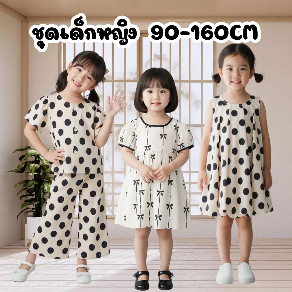 MooDeng Baby ชุดเซตเด็กหญิง ลายจุด ครีม ดำ เสื้อ+กางเกง ขายาว เอวยางยืด คอกลม มีกระดุม ผ้าโพลีเอสเตอร์