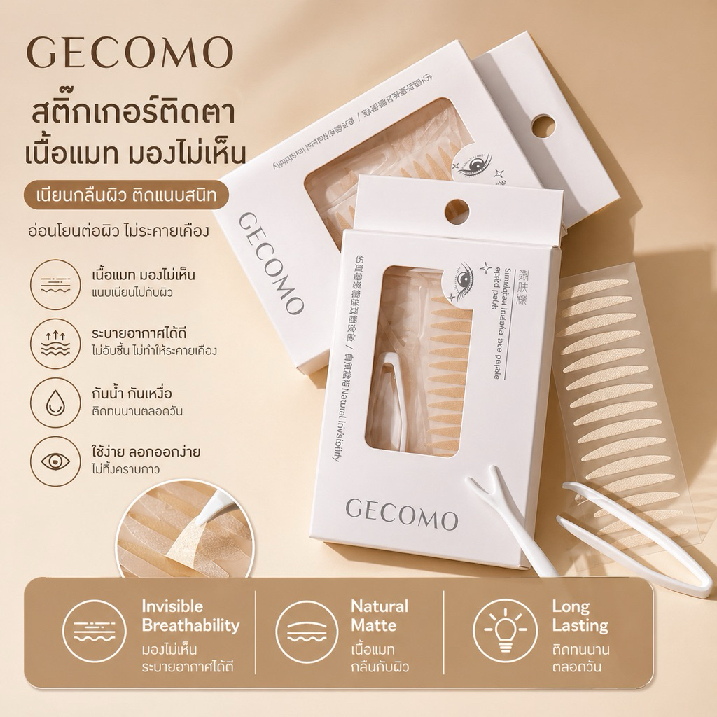 GECOMO(2062) 90 ชิ้น สติกเกอร์เทปกาวติดตาสองชั้นแบบธรรมชาติ บางเบาติดทนนาน มีกาวในตัว
