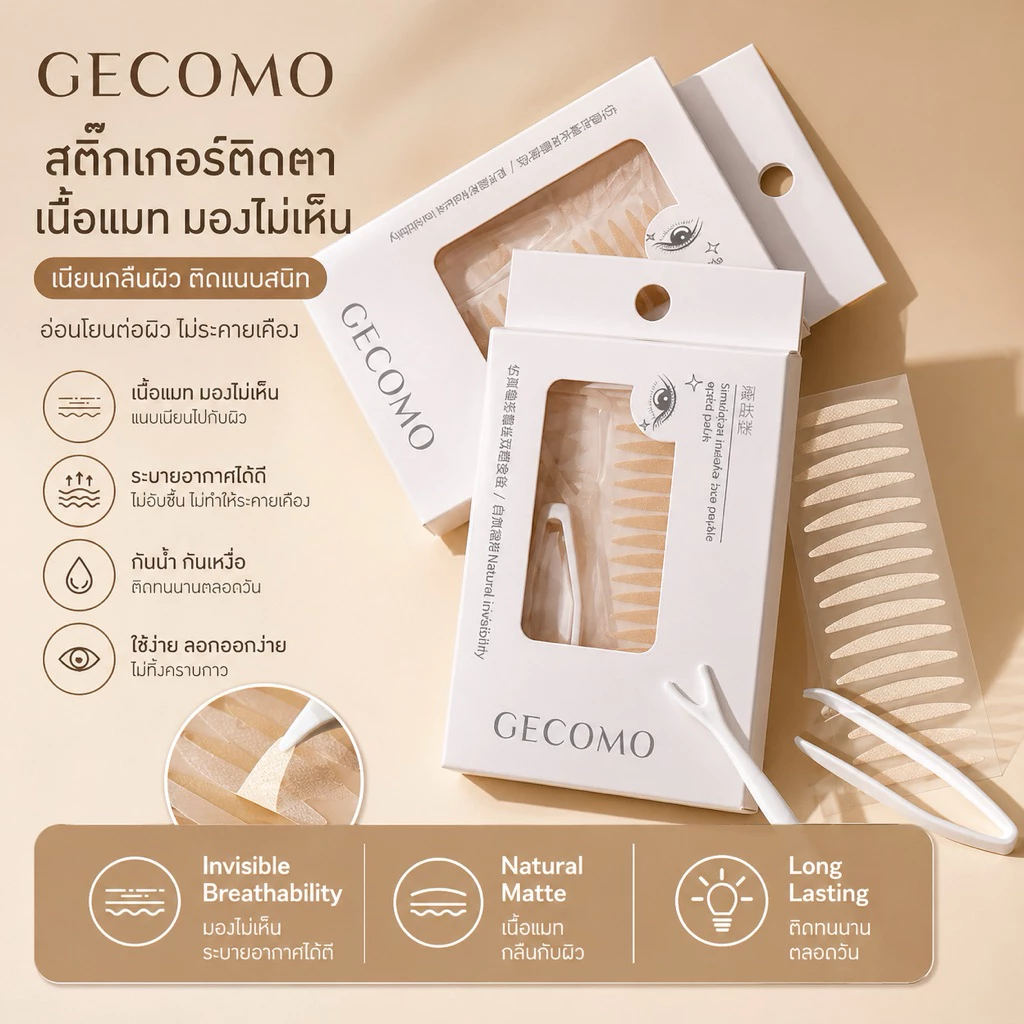 GECOMO(2062) 90 ชิ้น สติกเกอร์เทปกาวติดตาสองชั้นแบบธรรมชาติ บางเบาติดทนนาน มีกาวในตัว
