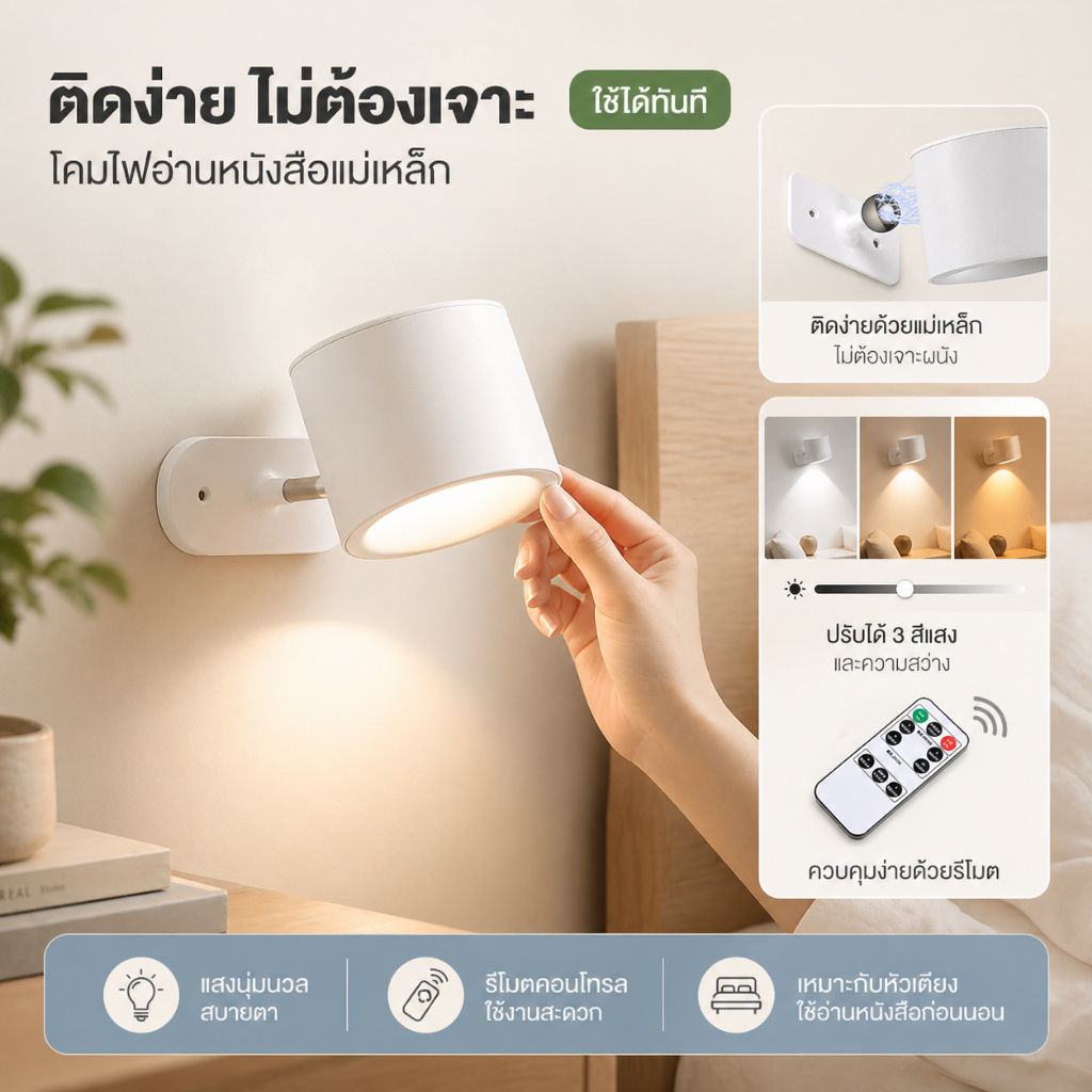 โคมไฟหัวเตียง LED แบบติดผนัง ปรับได้ 3 สี หมุนได้ 360° ติดตั้งง่าย
