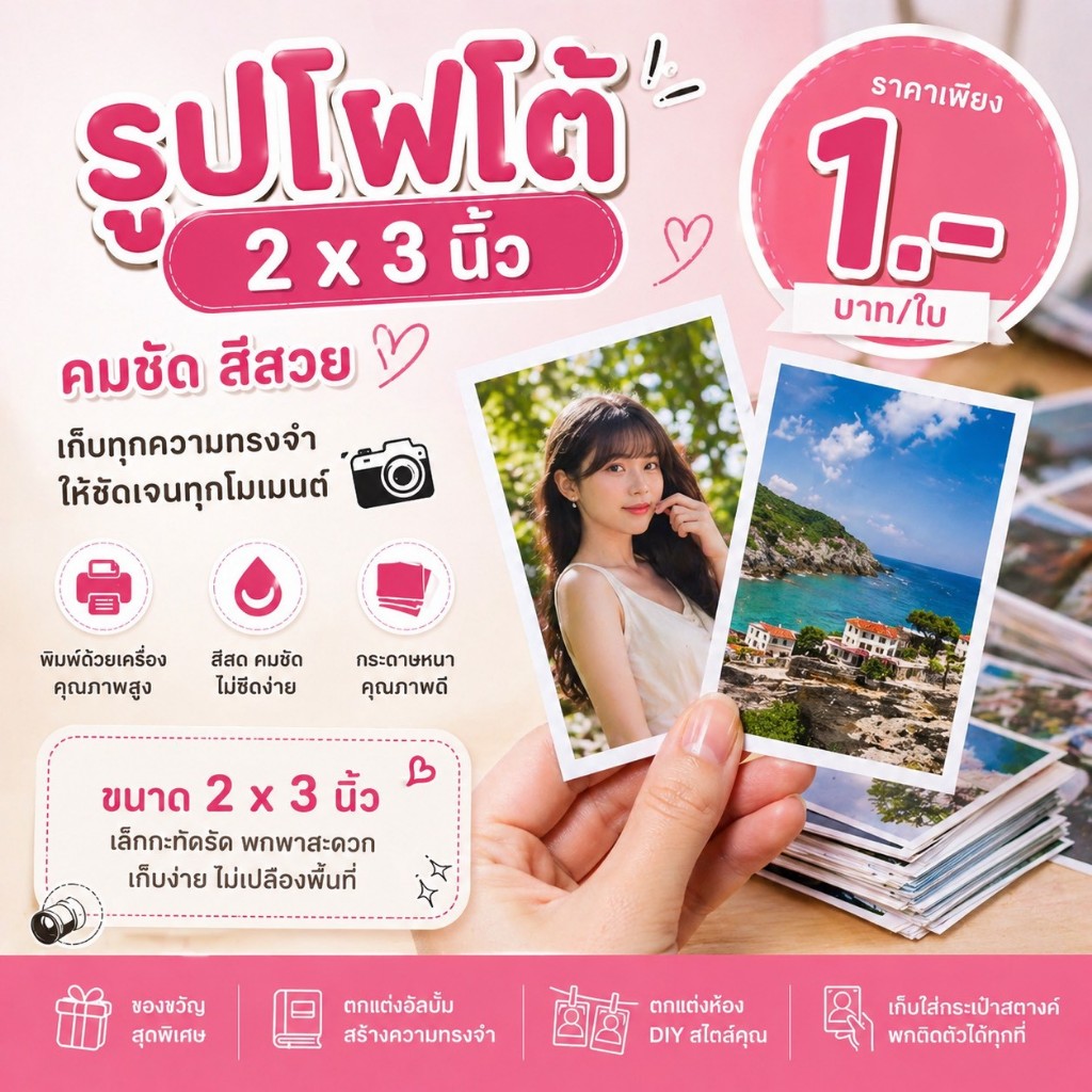 โปร! 📸 รูปขนาด 2x3 นิ้ว เริ่มต้นเพียง 1 บาท! สีคมชัด งานสวย เหมาะเก็บความทรงจำ 💖 ✨พร้อมส่ง ส่งไว