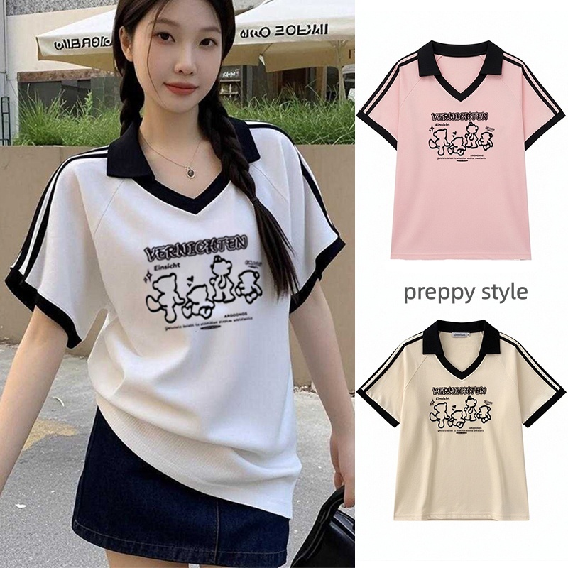 เสื้อปกทรงสเก็ตสวยๆผู้หญิงแฟชั่นมาใหม่ oversize เสื้อผ้าสาวอวบไซส์ใหญ่น่ารัก เสื้อยืดคอวีทรงหลวมสไตล์เกาหลี preppy style