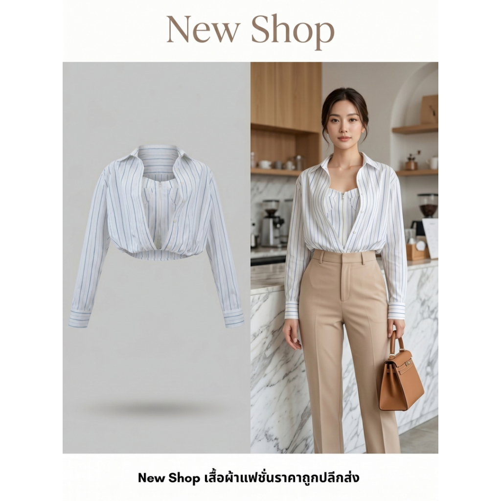เสื้อเชิ้ตครอป ลายทาง พร้อมเกาะอกซิปหน้า สีฟ้าขาว ผ้าโพลีเอสเตอร์ผสม
