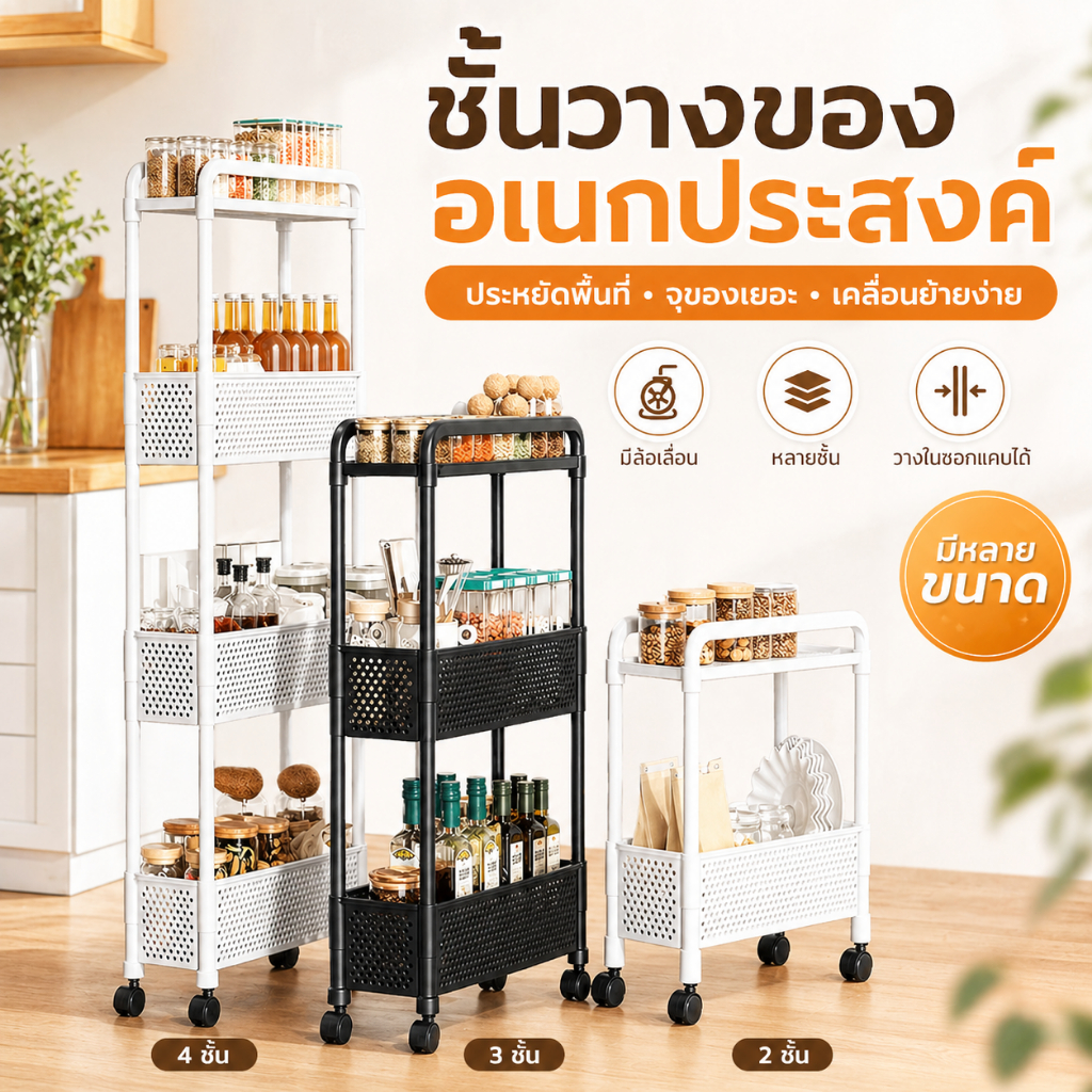 ชั้นวางของอเนกประสงค์มีล้อ 3/4 ชั้น ชั้นเก็บของเข้าซอกแคบ สำหรับห้องครัว ห้องน้ำ ห้องนั่งเล่น รับน้ำหนักดี เคลื่อนย้าย