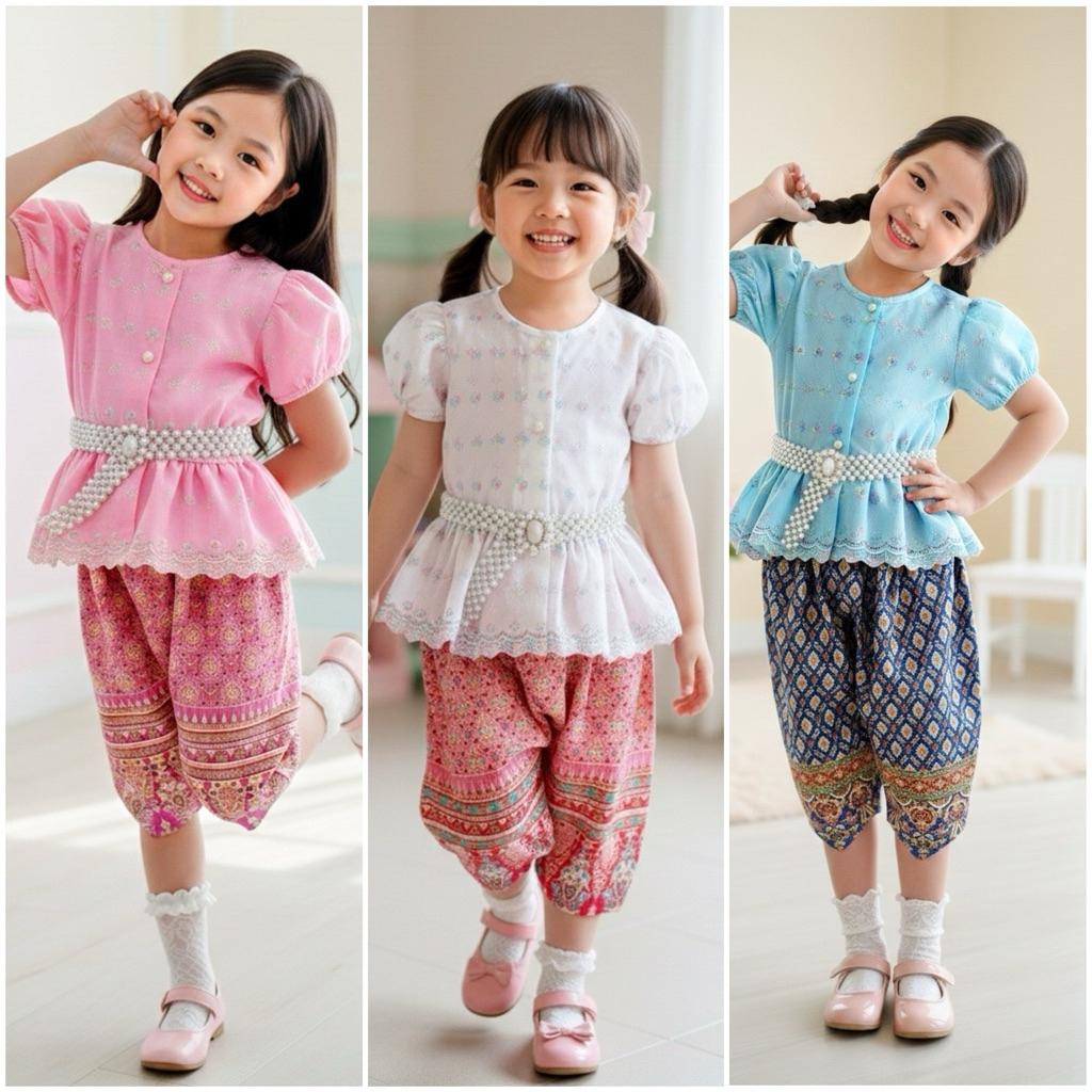 ชุดไทยเด็กผู้หญิง ทองดีรุ้ง เสื้อ+โจงกระเบน(โจงกระเบนทางร้านคละลายให้ตามรอบผ้า ไม่รวมเครื่องประดับ) #nid