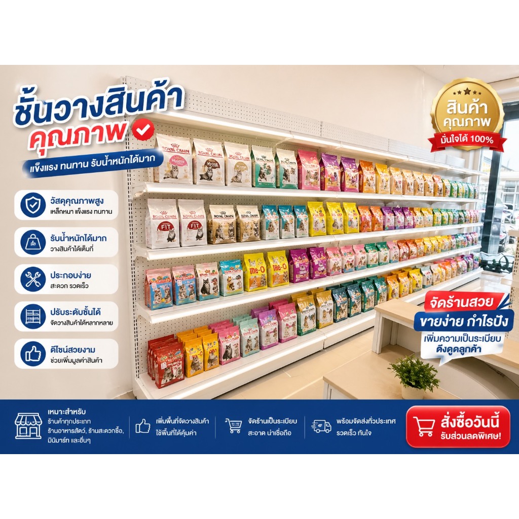 ชั้นมินิมาร์ทชั้นสะดวกซื้อ4ชั้น1ด้านและ2ด้านรับน้ำหนัก100kgต่อชั้นความสูง160กับ200CMยาว120CMสีขาว