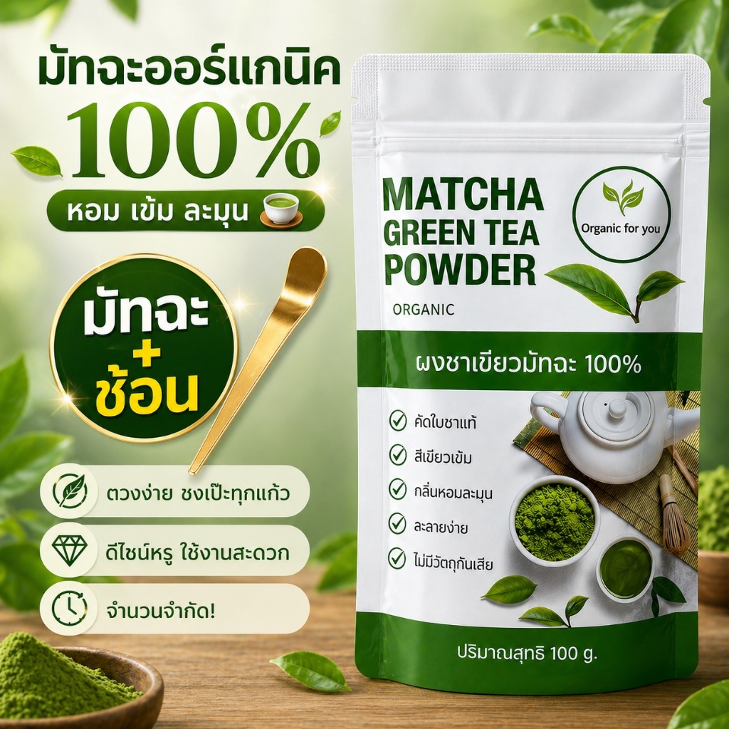 พร้อมส่ง ผงชาเขียวมัทฉะขนาด 100 กรัม / ซอง 1 ซอง แถมฟรี ช้อนตักชาสแตนเลสสีทอง