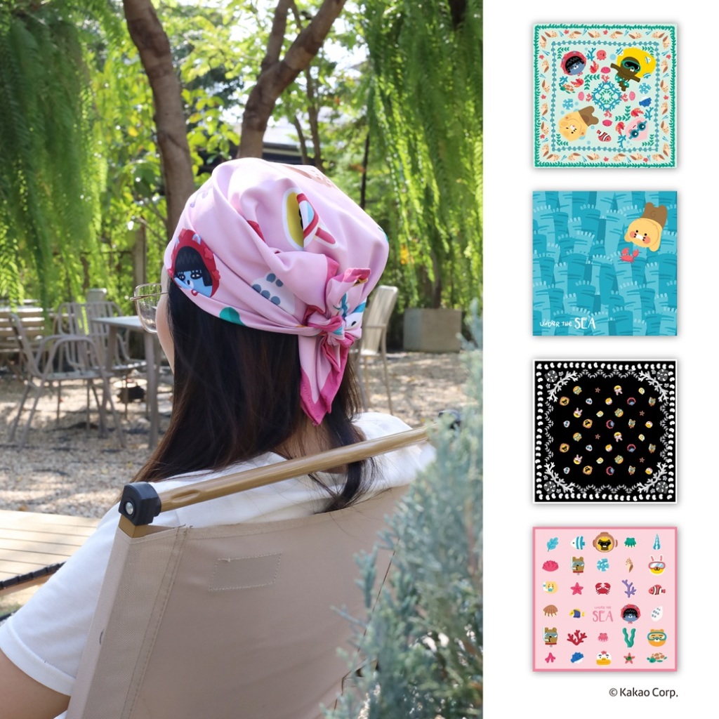 ใหม่ Kakao Friends ผ้าโพกศีรษะ ผ้าเช็ดหน้า ขนาด 24x24 นิ้ว Collection Under the Sea