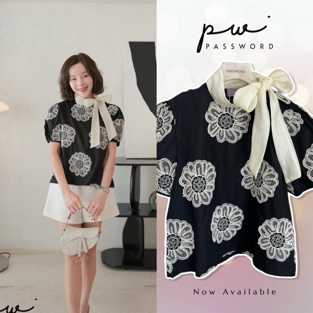 PW | PASSWORD🔖 6339 เสื้อแขนพอง ผ้าปักลายเส้นดอกไม้นูน