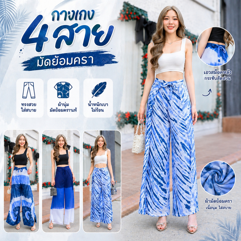 💙New..itemเที่ยวทะเล  กางเกง 4สาย มัดย้อม indig Home tie-dye Batik 🩵 ย้อมจากครามธรรมชาติ100%