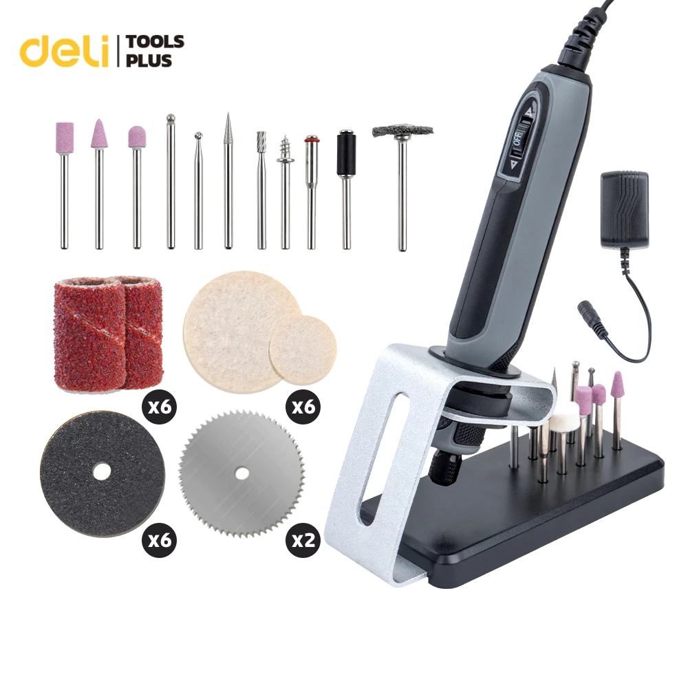 Deli ชุดเครื่องเจียร์ไฟฟ้า เครื่องเจียร์มินิ เครื่องเจียร์ไฟฟ้าพร้อมอุปกรณ์เสริม 31 ชิ้น Straight Grinder