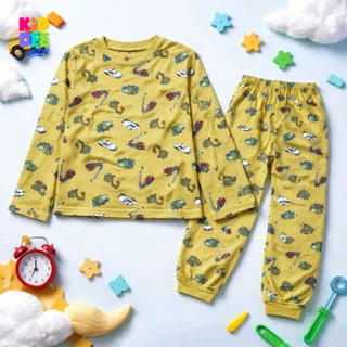 KiddeeCrew ชุดนอนเด็ก เหลืองลายรถก่อสร้าง ผ้าcotton 100% เหมาะสำหรับอายุ 1-12 ปี