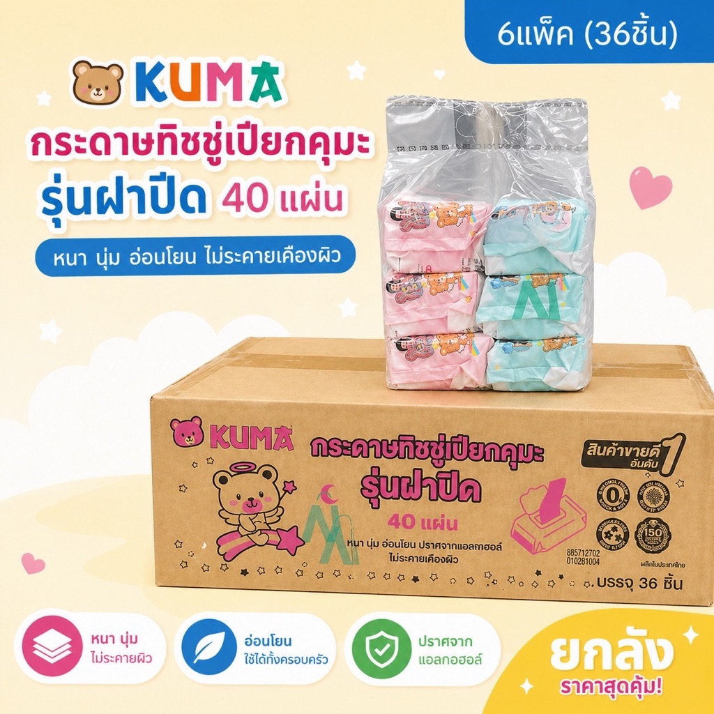 KUMA คุมะ(ยกลัง) กระดาษทิชชู่เปียก รุ่นฝาปิด 40 แผ่น สูตรปราศจากแอลกฮอล์ (36ห่อ/ลัง)