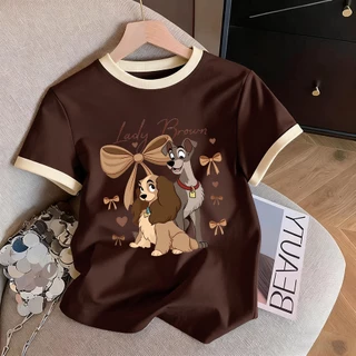 M-3XL เสื้อทีเชิร์ตผู้หญิง ลายสุนัข Lady Brown น่ารัก สีครีม-น้ำตาล แฟชั่นฤดูร้อน ใส่สบาย