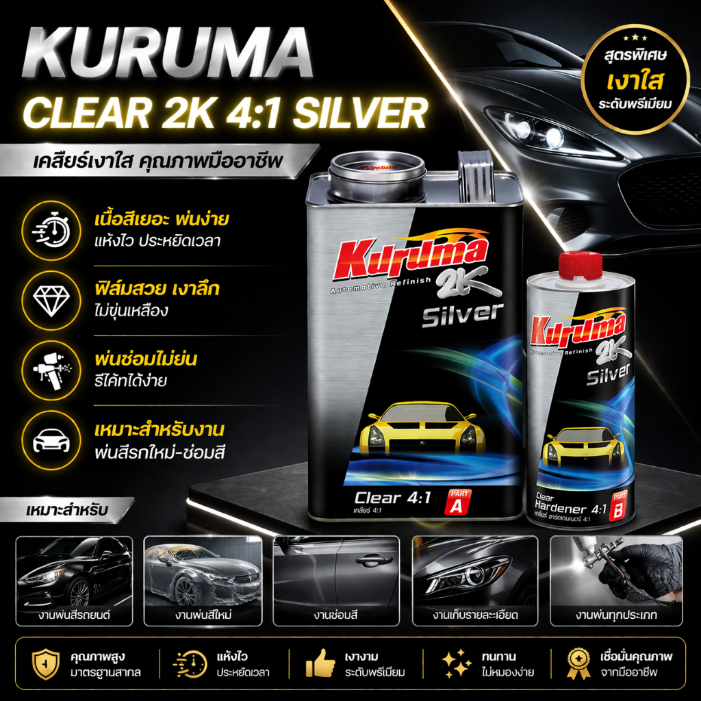 Kuruma Clear 2K 4:1 Silver | ชุดแลคเกอร์ใสพ่นรถยนต์ ชุด 2K เงางาม แห้งไว